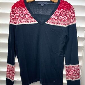Tommy Hilfiger V-Neck Fair Isle Sweater - Navy & Red